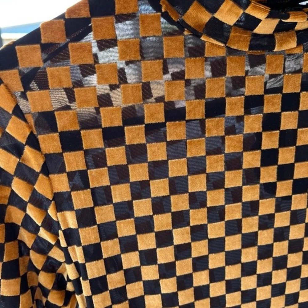 Western Burnout Gold Black Checkered Velvet Mesh Long Sleeve Top Sz S